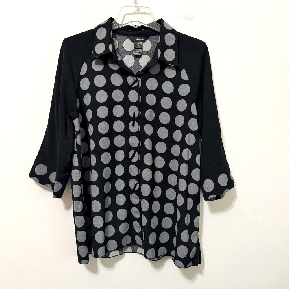 Ali Miles Blouse Tunic M Gray Dot Button‎ Front 3/4 Sleeve Black Artsy Shirt Top